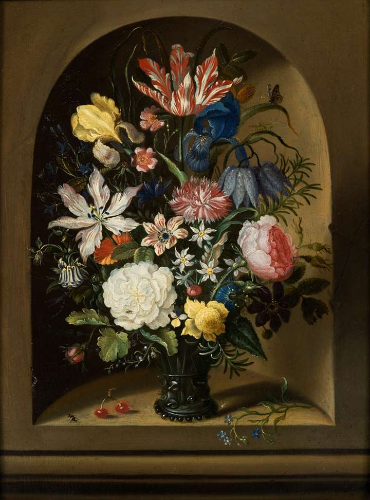 Still Life of Flowers in a Niche with Cherries, insects and a Caterpillar.